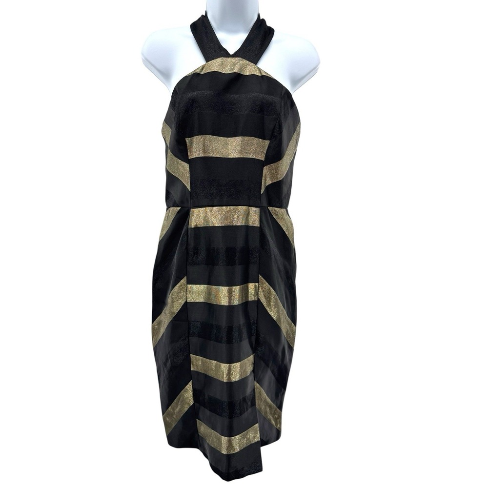 Hutch Black Gold Metallic Striped Halter Cocktail Mini Dress Women's 4